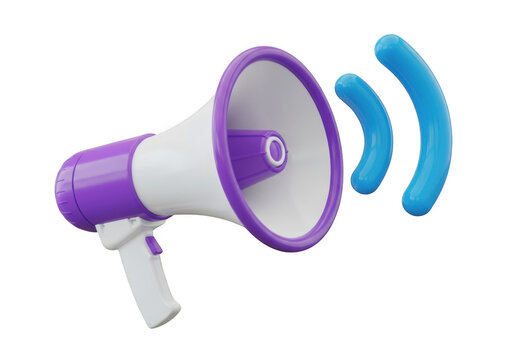 Purple and white megaphone emitting sound waves isolated on transparent background