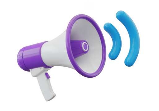 Purple and white megaphone emitting sound waves isolated on transparent background