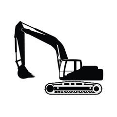 Black silhouette of an excavator on a white background
