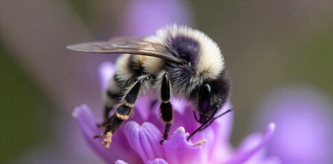 Close up macro shot of a fuzzy bumblebee collecting nectar from a vibrant purple lavender flower on a sunny day. Macro photograph of a detailed, fuzzy bumblebee with pollen on its legs, actively