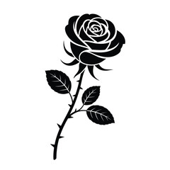 Fototapeta premium Black silhouette of a single rose with stem and leaves