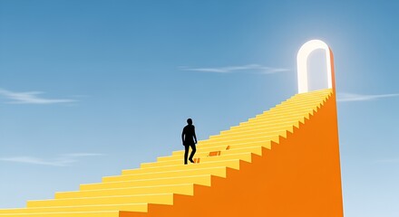 Person climbing stairs towards a bright future, concept of success and career path