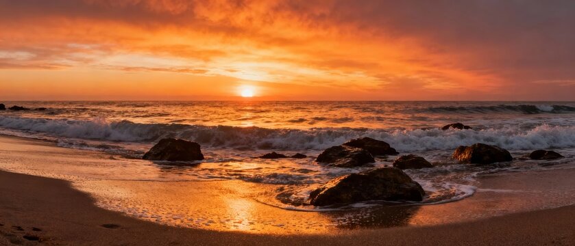 Sunset over a rocky beach with waves crashing onto the shore, casting golden reflections on wet sand. - Powered by Adobe