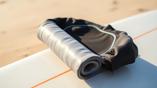 rashguard. Rolled-up rashguard resting on a surfboard at the beach in sunlight. event key visuals, club posters, designed for fitness apps and gym onboarding, used by fitness trainers.