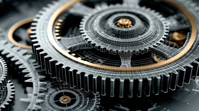 Close-up of interlocking metal gears with gold accents suggesting machinery or engineering.