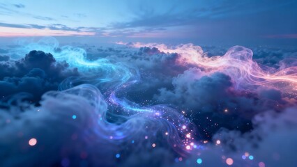Aerial view of glowing clouds with ethereal light trails and sparkling particles in a twilight sky