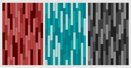 Set of Three Seamless Vector Background Patterns: Abstract Vertical Rectangular Planks in Color Schemes of Deep Red, Teal/Turquoise, and Grayscale, Creating a Textured, Modern, and Dynamic Geometric W