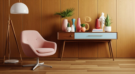 Modern living room interior with pink chair, table, lamp and decoration on wooden wall