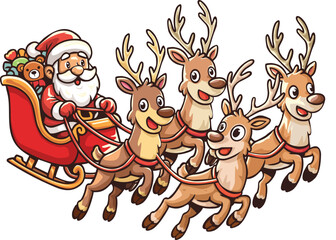 Fototapeta premium A cheerful Santa rides his classic red sleigh, led by four happy reindeer soaring through the sky. Filled with gifts and festive joy, this adorable Christmas illustration captures the magic, warmth