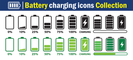 Battery Charging Icons Collection.  Battery charge indicator. Battery level, energy full vector template