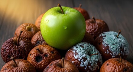 A fresh green surrounded by withered and moldy apples on a dark wooden surface, highlighting the contrast between freshness and decay