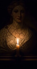 A dimly lit scene featuring a candle illuminating an ancient, cracked painting of a woman holding a candle, creating a mysterious and contemplative atmosphere