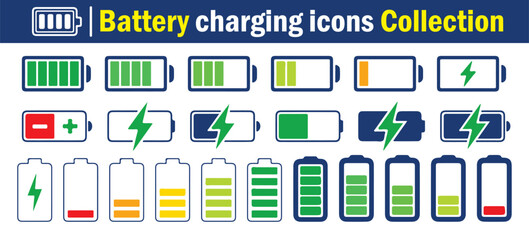 Battery Charging Icons Collection. Battery line icon set. Battery charge indicator. Battery level, energy full vector illustration