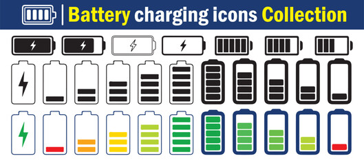 Battery icons set. Battery charging levels icon set with energy indicators for power, efficiency. vector illustration
