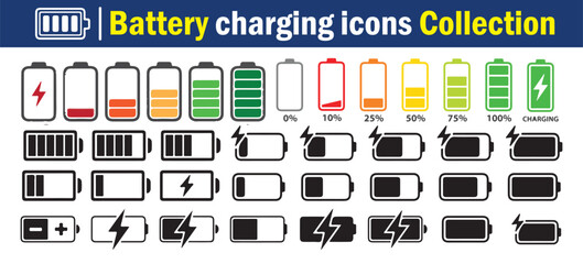 Black and Colorful battery charge level icons. Battery power level pictograms in outline style. vector illustration eps 10