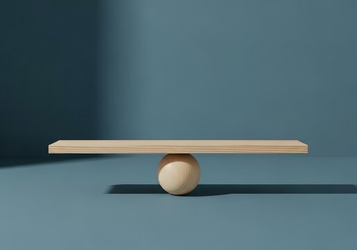 A wooden plank balanced precariously on a spherical wooden ball, symbolizing equilibrium and stability against a teal background