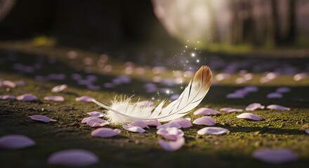 A delicate feather resting on a surface surrounded by scattered pink flower petals in a peaceful outdoor setting during daylight hours