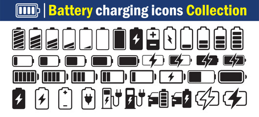 Battery charging icons collection, power charge symbols, energy level indicators
