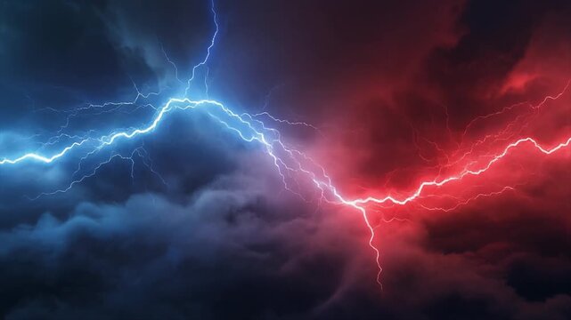 A dramatic collision of red and blue lightning strikes amidst swirling dark clouds and smoke storm thunder