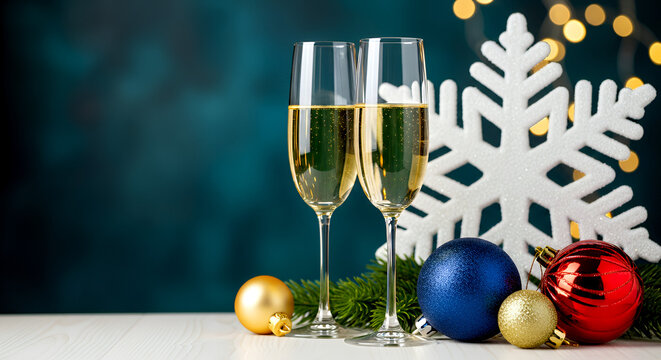 Champagne glasses against large decorative snowflake and Christmas baubles on dark blue background, copy space - Powered by Adobe