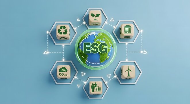 Esg concept with icons representing environmental, social, and governance factors surrounding the globe