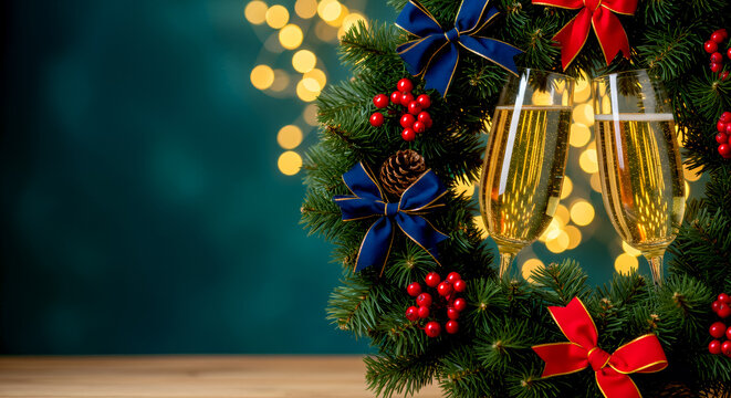 Clinking champagne glasses inside Christmas wreath, copy space