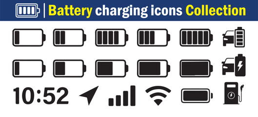 Battery Charging Icons Collection. battery charging symbol, battery charge level vector illustration 