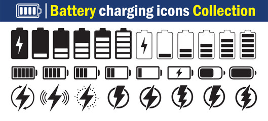 Battery charging icons collection, power energy symbols, electric charge indicators