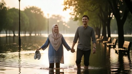 A couple strolls through a flooded park, enjoying their time together as the sun sets behind them - Powered by Adobe