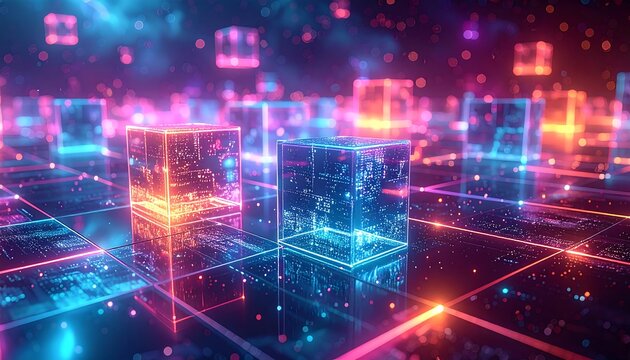 Abstract Neon Cubes Floating in a Digital Network.