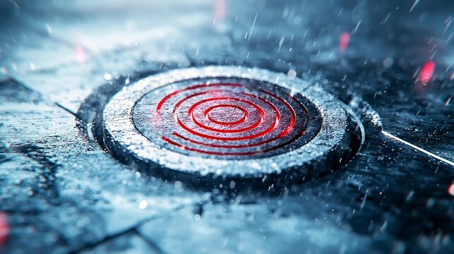 A detailed, wet, metallic circular object with glowing red concentric rings, possibly a target or a technological component, with rain falling.