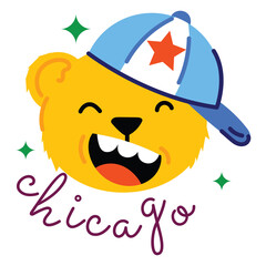 Yellow bear wearing a blue baseball cap with a red star and the word chicago in purple script below it and green sparkles around the head on a transparent background