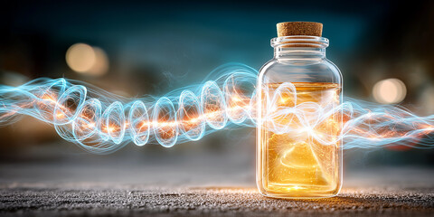 Glass bottle with cork stopper contains glowing liquid, surrounded by swirling holographic light streaks, creating magical and mysterious atmosphere