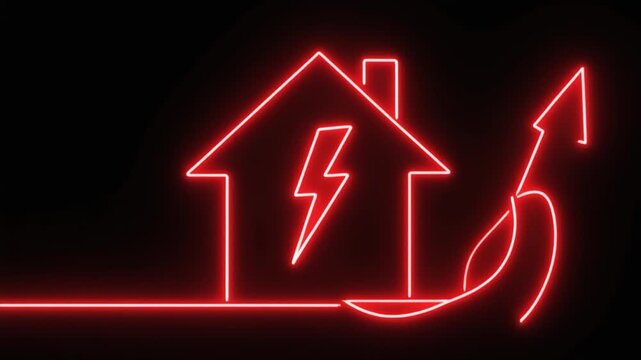 Red neon outline of a house with a lightning bolt and an upward arrow on a black background home building