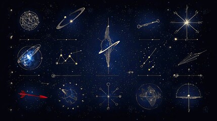 A collection of stylized celestial objects, constellations, and navigation tools are displayed against a dark, star-filled background.