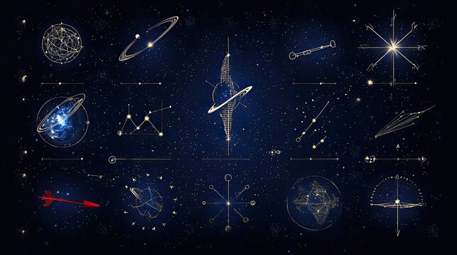 A collection of stylized celestial objects, constellations, and navigation tools are displayed against a dark, star-filled background.