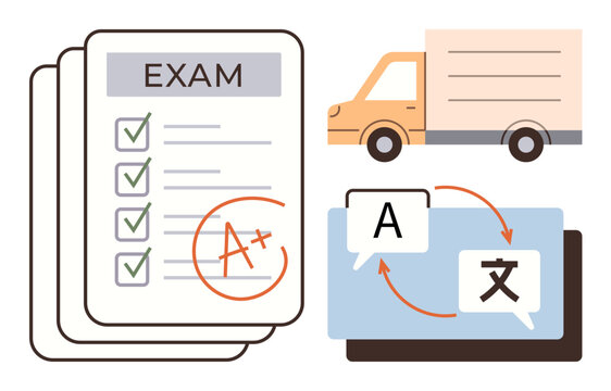 Exam sheet with A grade, tick marks, language translation screen with arrows, and delivery truck. Ideal for education, goals, achievement, logistics communication multilingualism workflow. Simple
