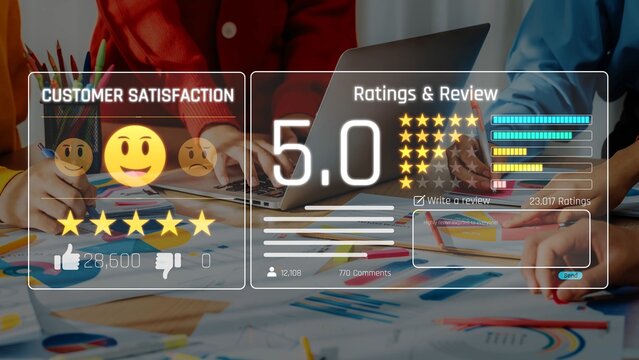 Visual representation of customer satisfaction showing emoji feedback and high ratings review. A modern workspace with colorful charts, perfect for business analysis. Raster