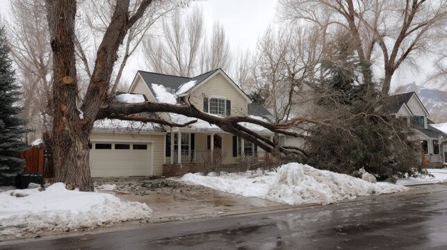 Fallen tree branch over a house in winter.