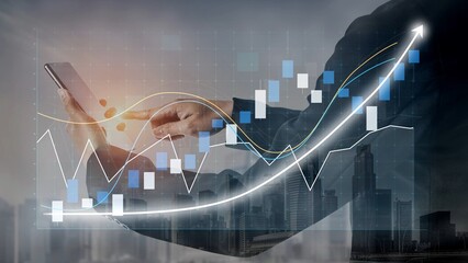 A professional holding a smartphone showcases stock market graphs against a city skyline, emphasizing financial growth and investment strategies in today digital world. Copula