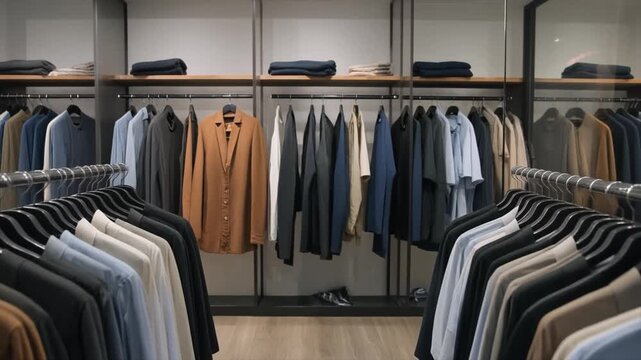 Well- Organized Men's Clothing Store with Rows of Jackets and Shirts on Display fashion retail