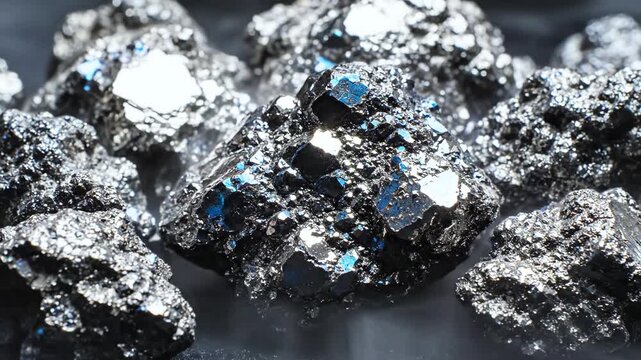 Close-up of shiny, dark, mineral formations, with blue and white highlights, in an abstract arrangement