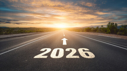 Road to 2025 with an empty road with written 2026 and arrow pointing towards the horizon to represent the future and positivity and success of the new year 2026