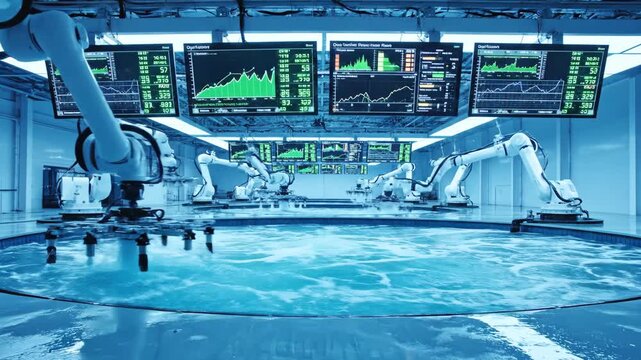 A futuristic lab features robotic arms operating over a pool with displayed data screens