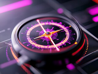 A close-up view of a modern compass with a digital interface, featuring glowing purple and pink lights and a metallic finish.