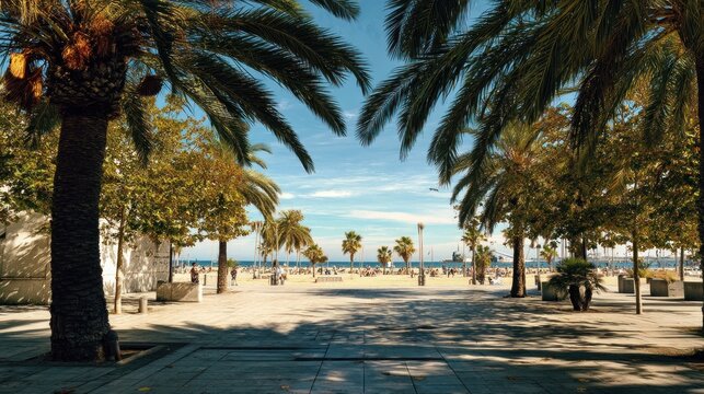 Palm trees frame beach view in a sunny, inviting coastal cityscape