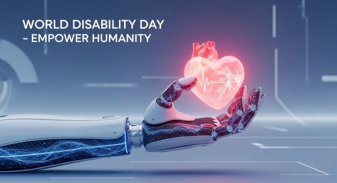 Robotic hand holding glowing heart with text world disability day empower humanity