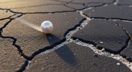 A single white pearl resting on cracked, dry earth with long shadows cast by the setting sun, creating a striking contrast between natural and artificial elements