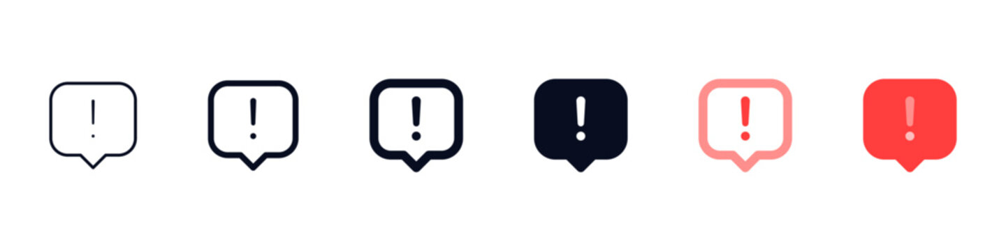 Notification, Alert message bubble icon set | exclamation mark inside speech bubble in outline and filled styles, perfect for warnings, notifications, and attention prompts in UI design.