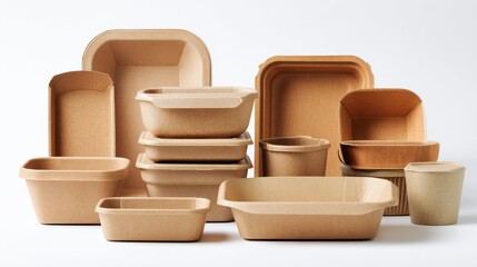 An assortment of various brown, compostable takeout containers, trays, and cups are displayed on a plain white background, showcasing textures